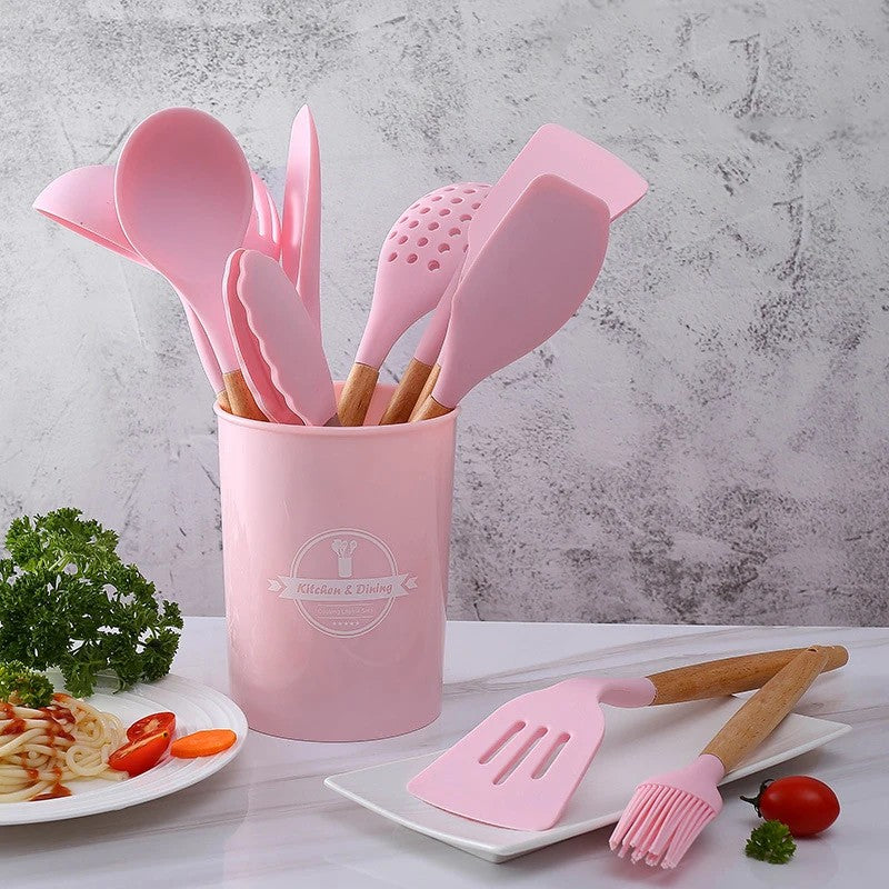 Premium Silicone Kitchen Utensils Set (With Wooden Handle) - Click Saman