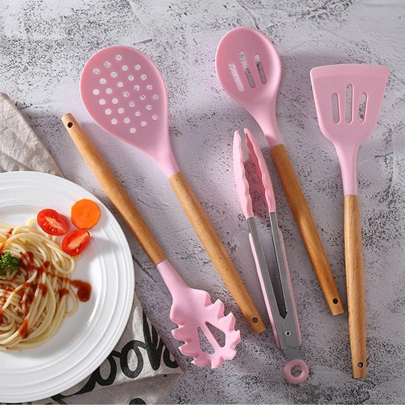 Premium Silicone Kitchen Utensils Set (With Wooden Handle) - Click Saman