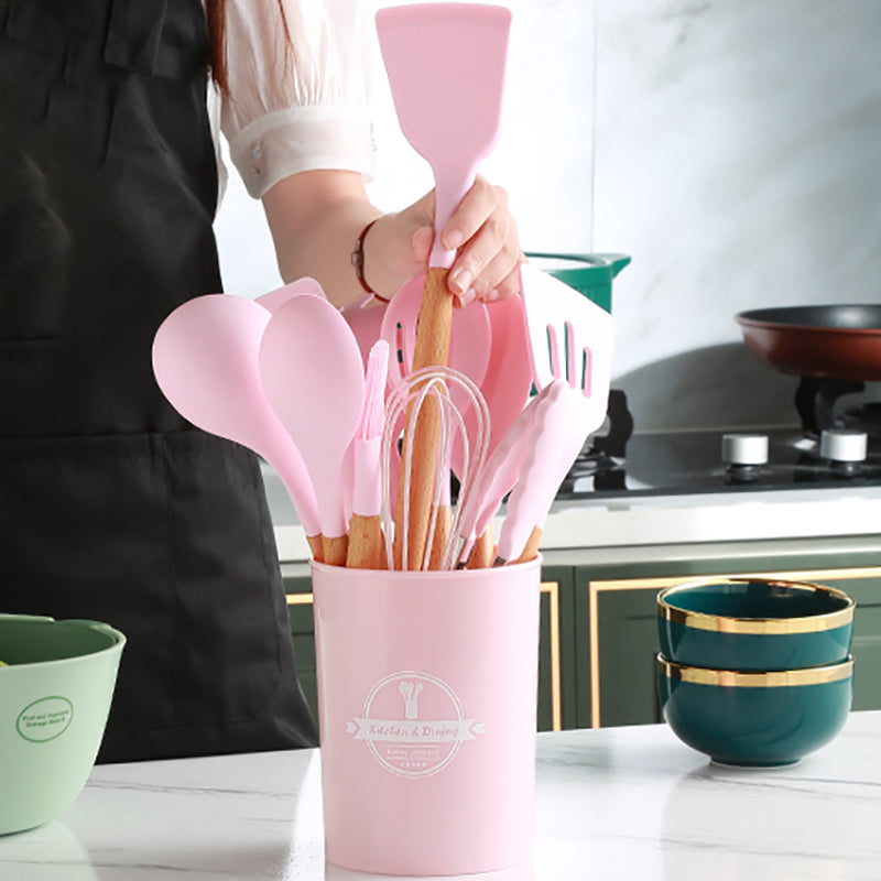 Premium Silicone Kitchen Utensils Set (With Wooden Handle) - Click Saman