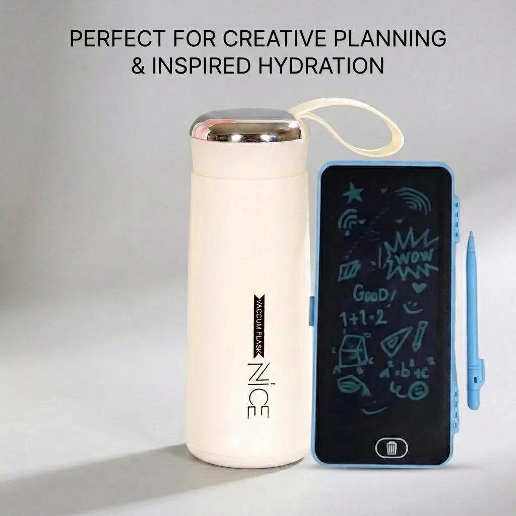 2-in-1 Kids School & Creative Bundle - Premium Insulated Glass Bottle & LCD Drawing Pencil Case